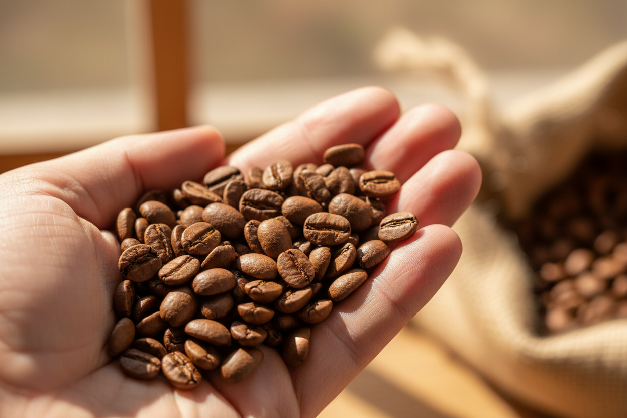 hand holding medium roast coffee beans